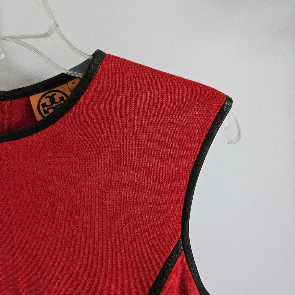 Tory Burch Wool Leather Trim Sleeveless Dress Red Black